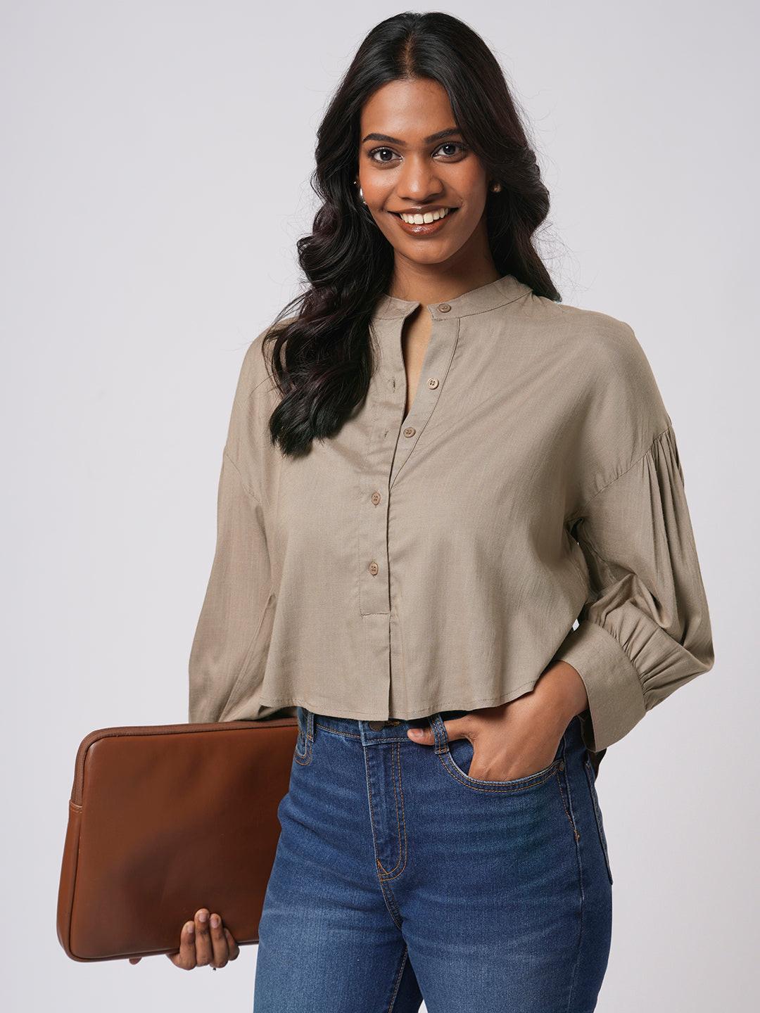 Cropped Band Collar Top.