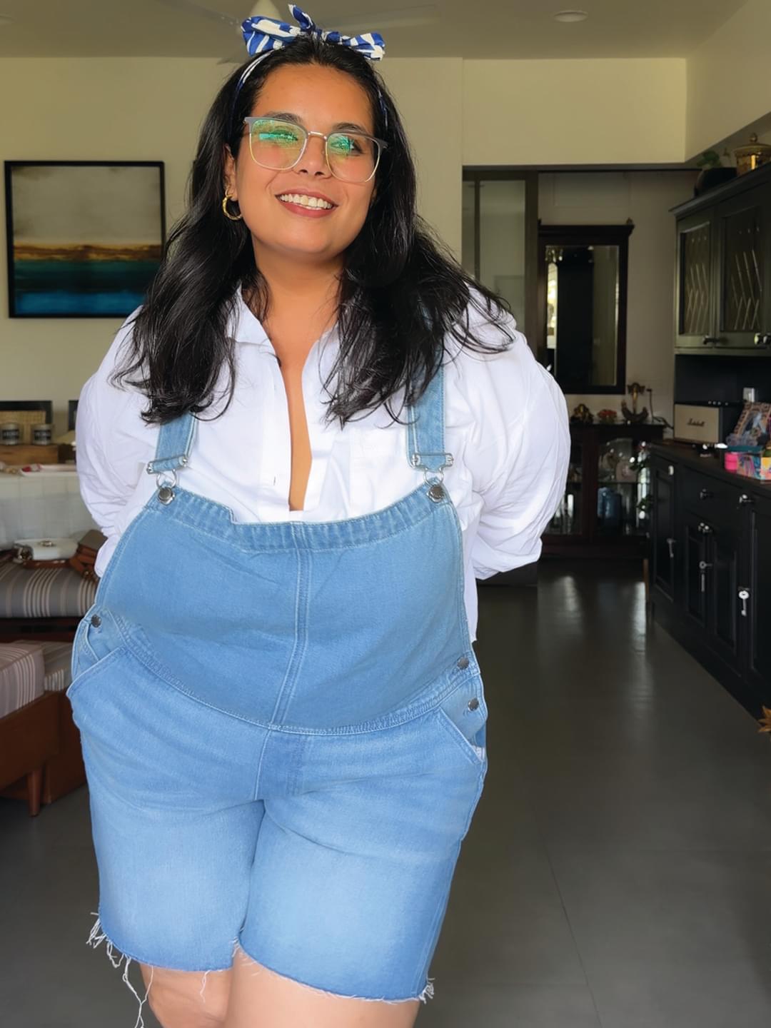 Woman wearing Denim Dungaree Shorts by Rerasa