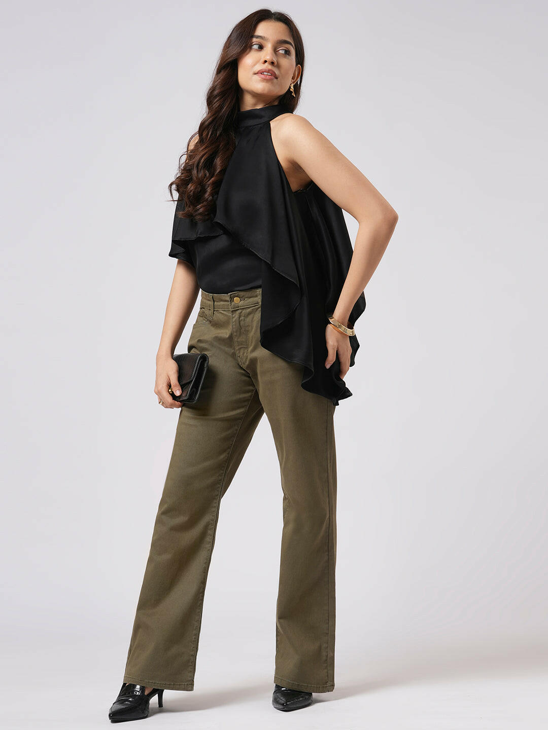 Asymmetrical Satin Halter Top.