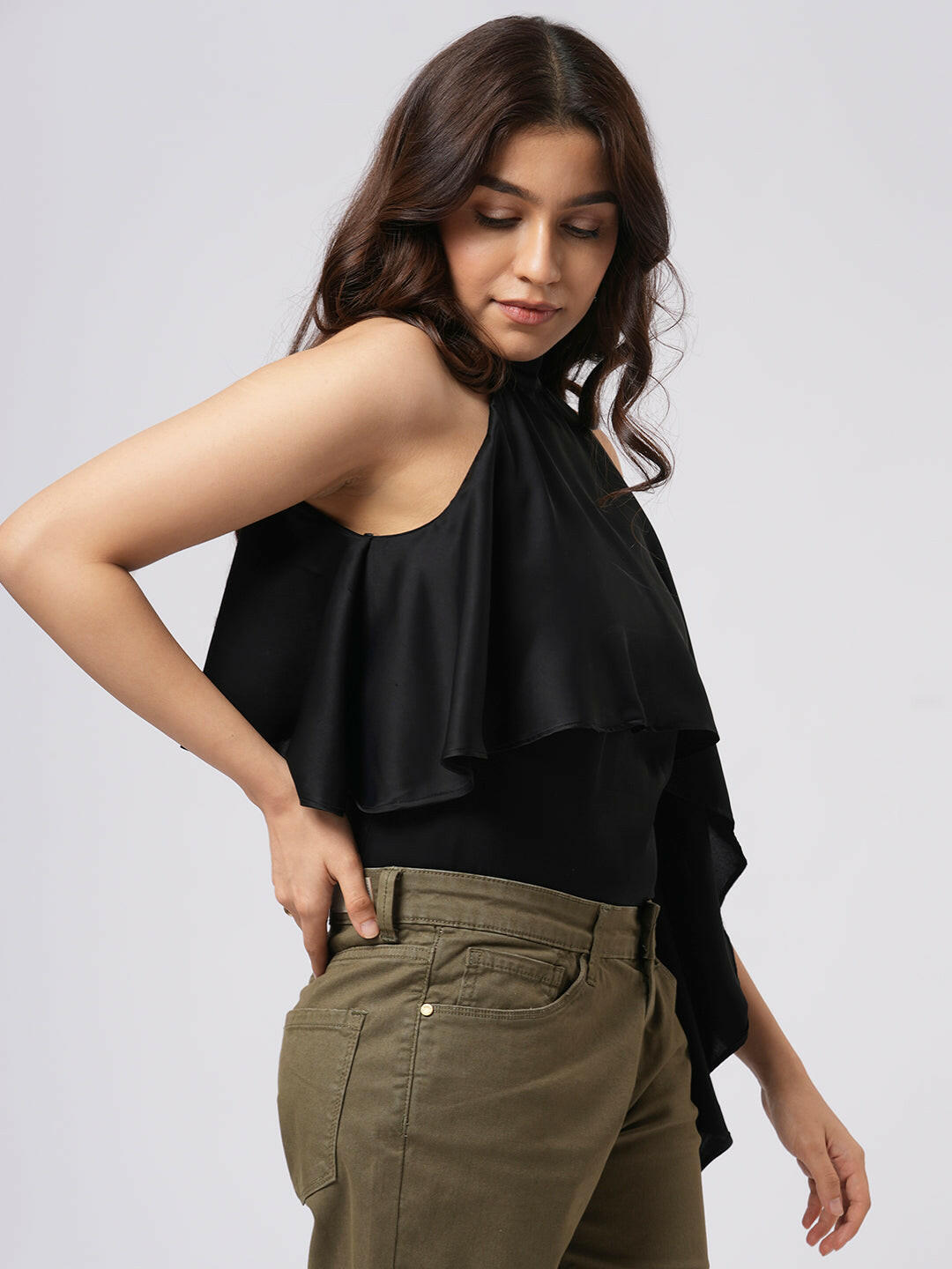 Asymmetrical Satin Halter Top.
