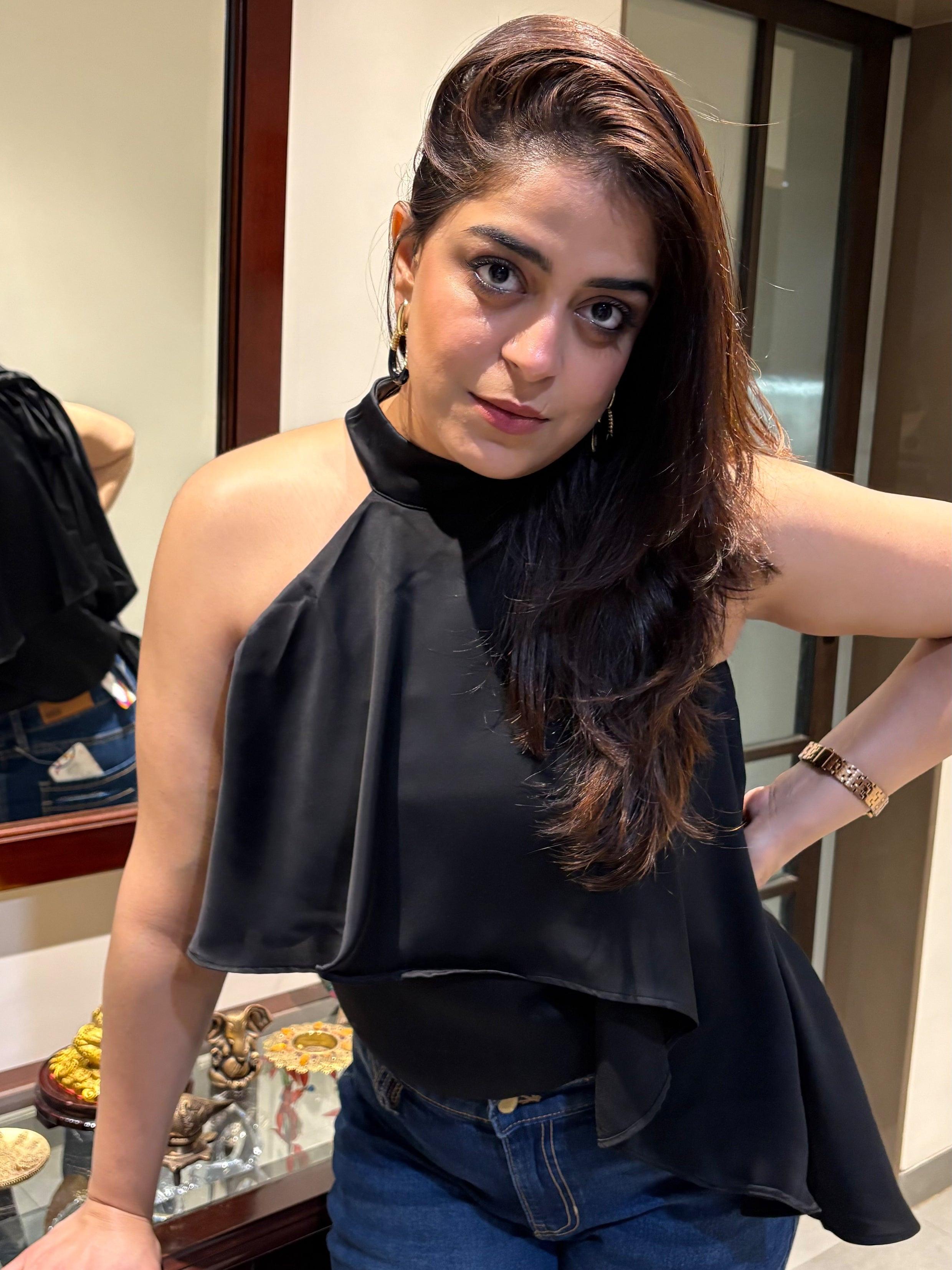 Asymmetrical Satin Halter Top.