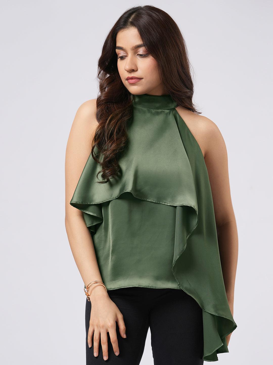 Asymmetrical Satin Halter Top.