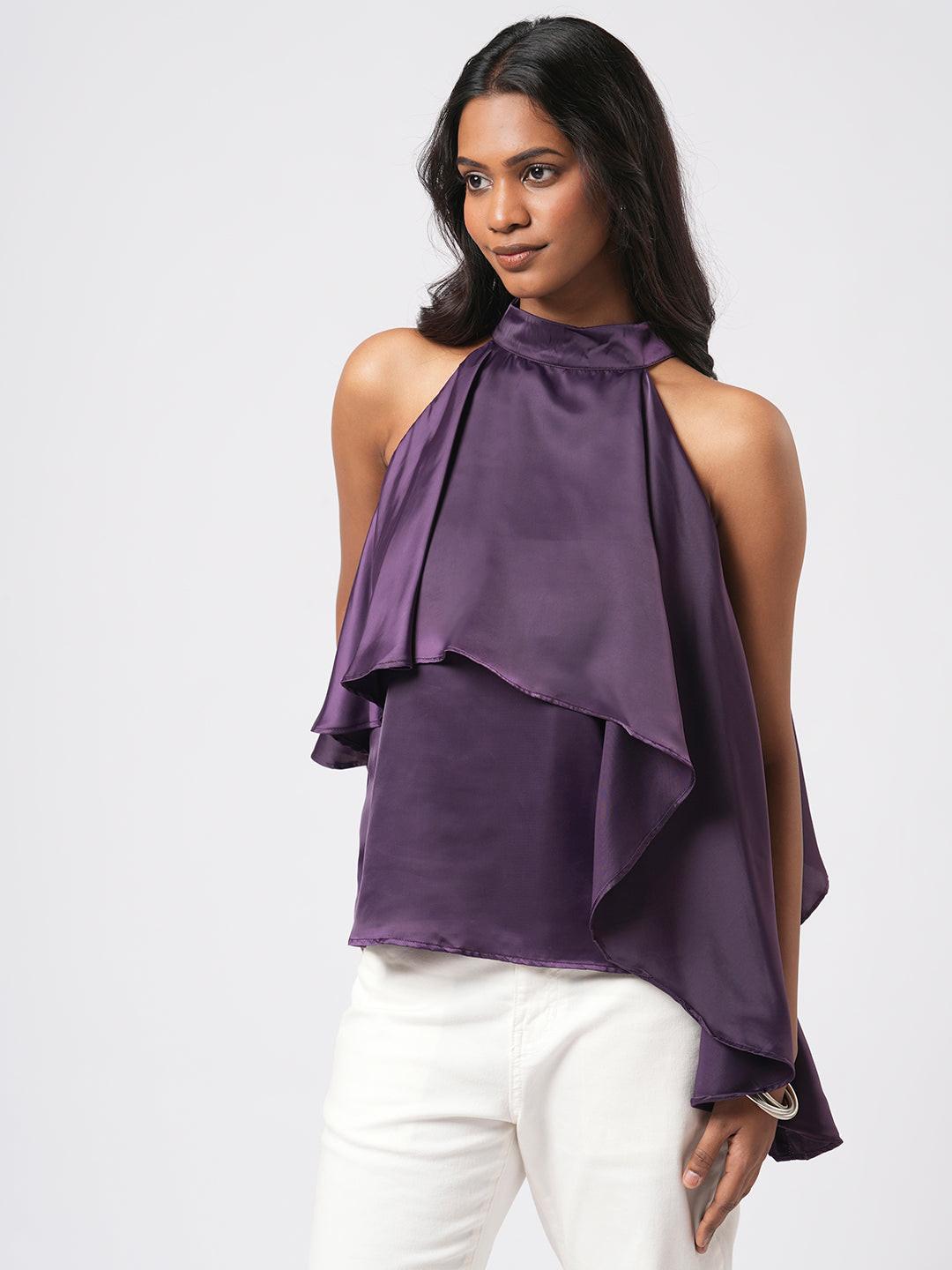 Asymmetrical Satin Halter Top.