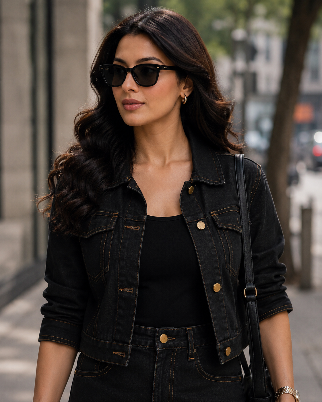 Woman wearing a dark denim Shacket by Rerasa