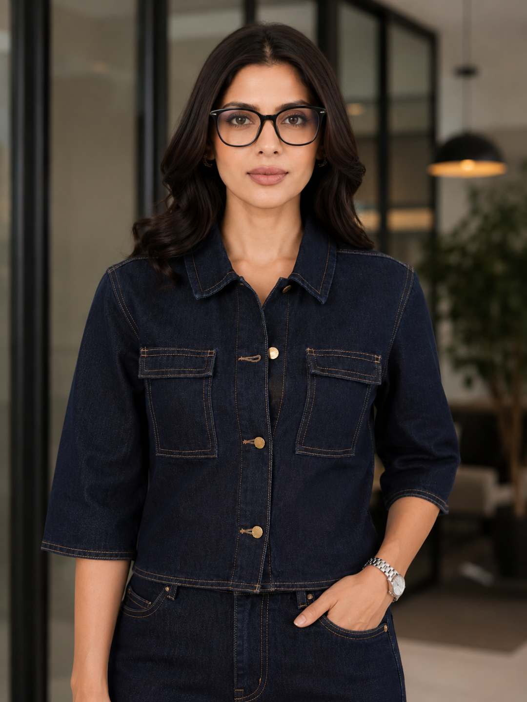 Woman wearing a dark denim Shacket by Rerasa