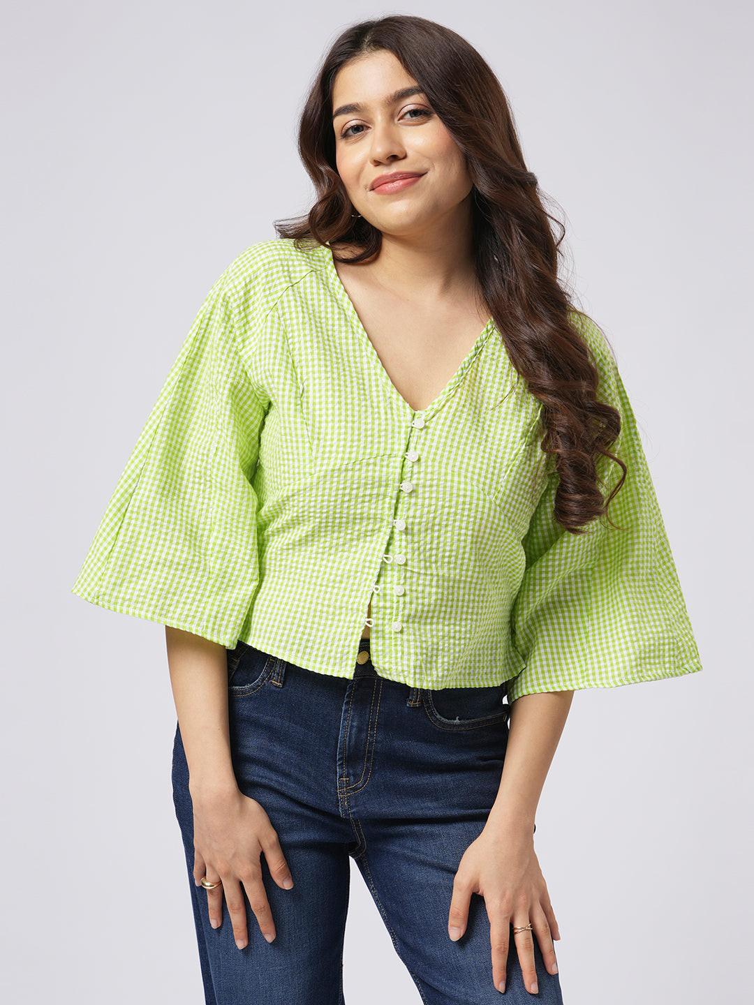 Bell Sleeve Gingham Top.