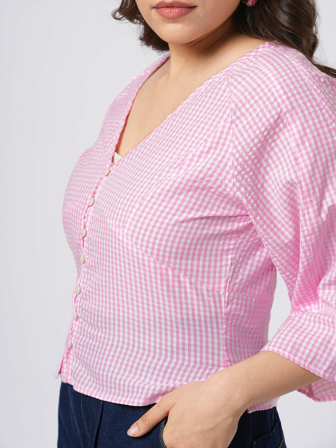 Bell Sleeve Gingham Top.