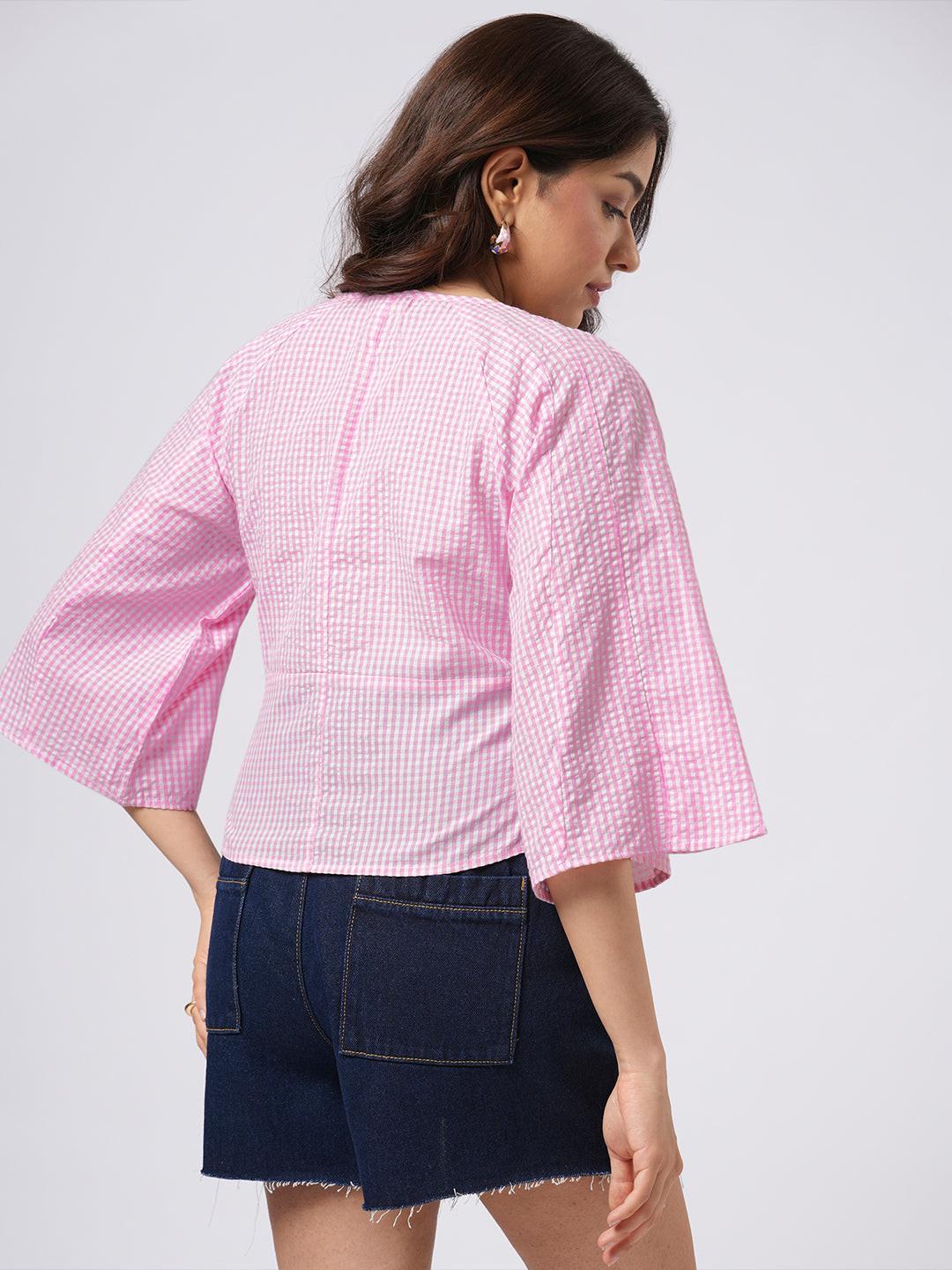 Bell Sleeve Gingham Top.