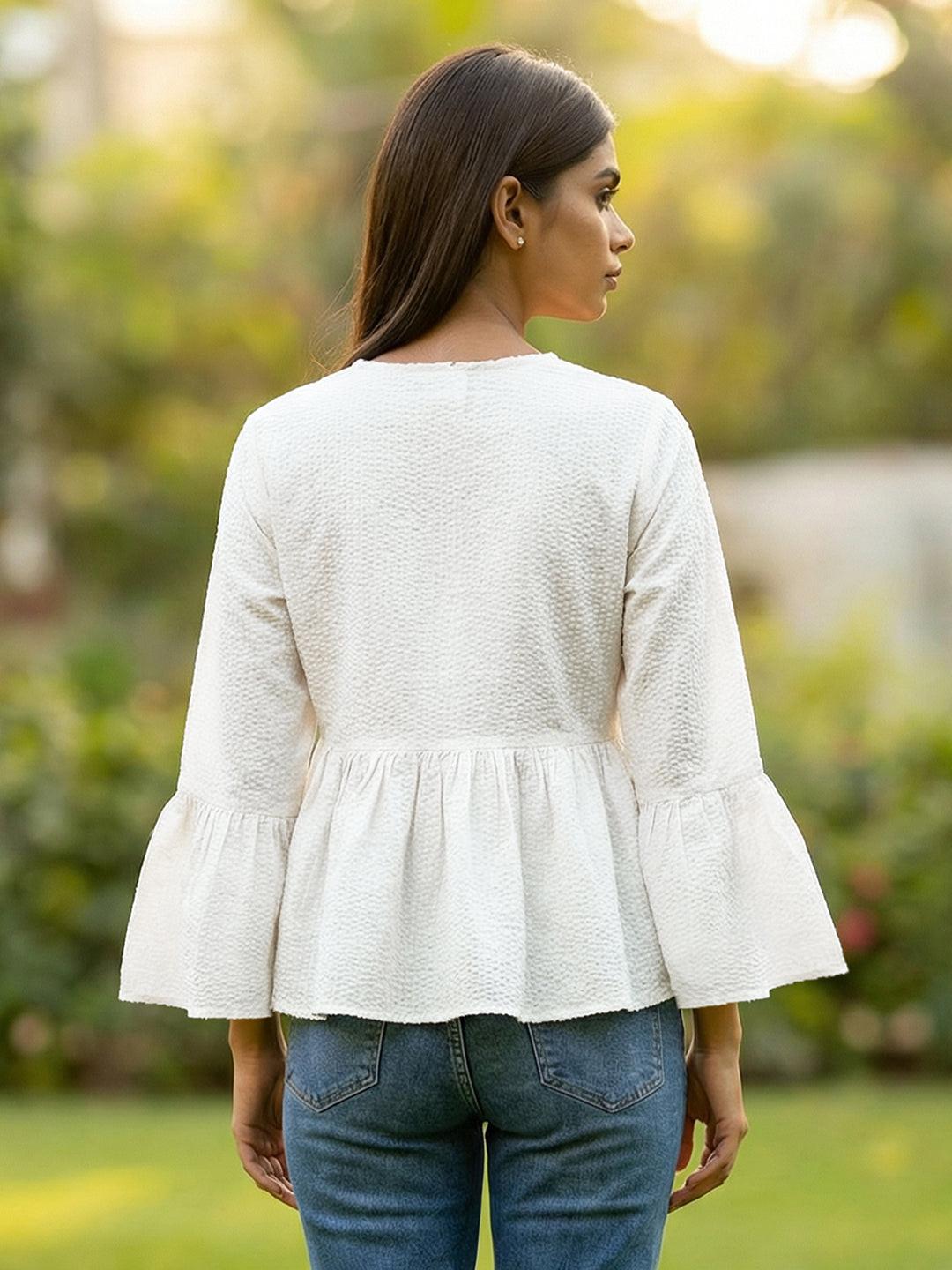 Woman wearing a White blouse with ruffled sleeves by Rerasa
