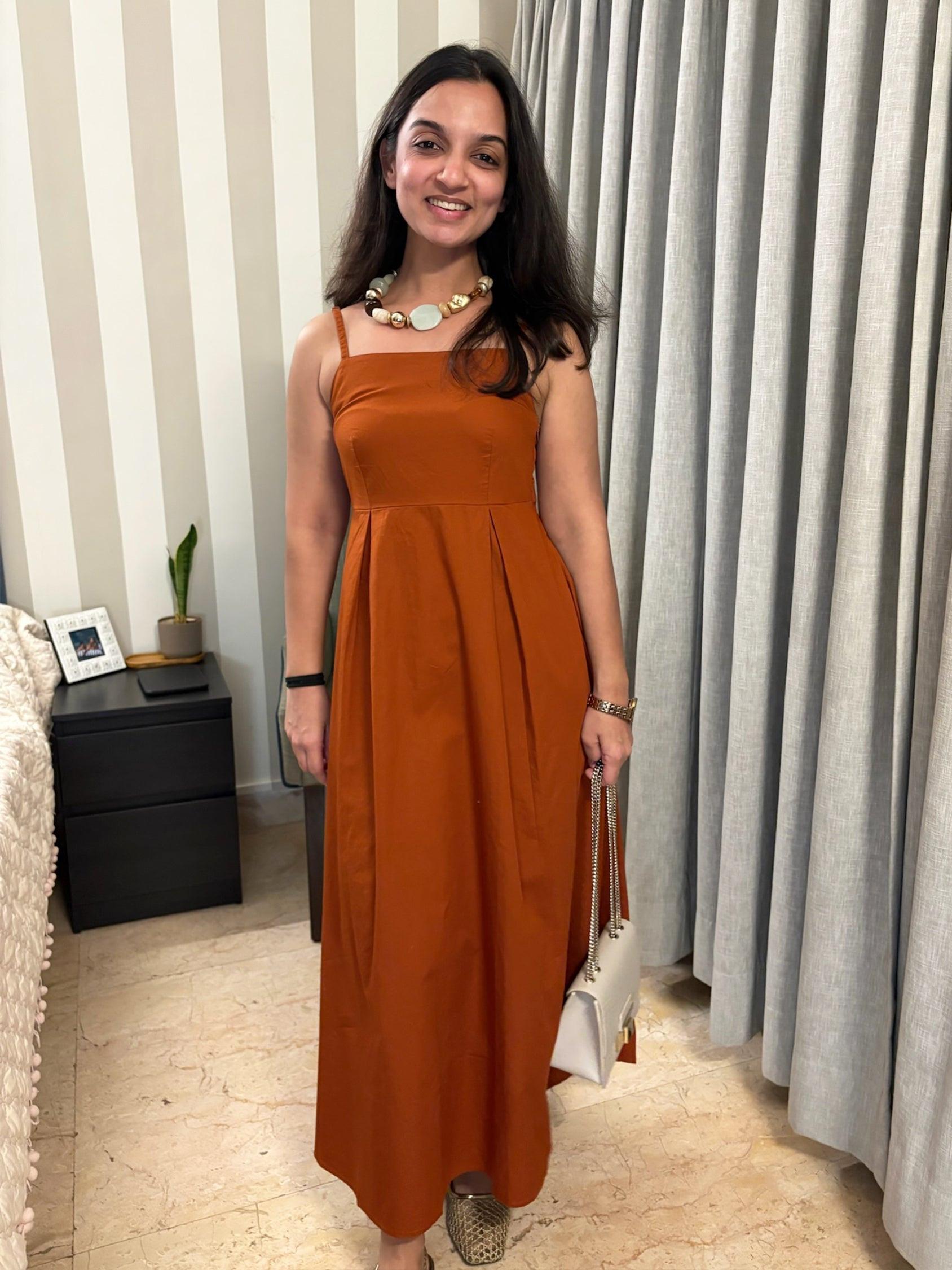 Brown Spaghetti Dress by Rerasa