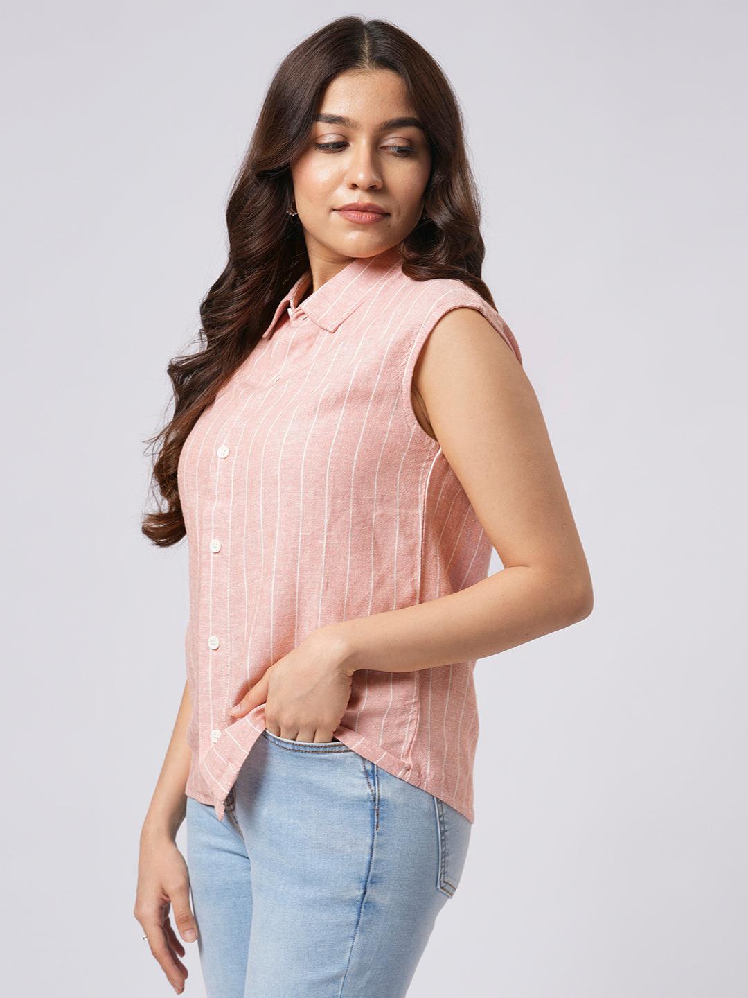 Cap Sleeve Linen Blend Shirt.