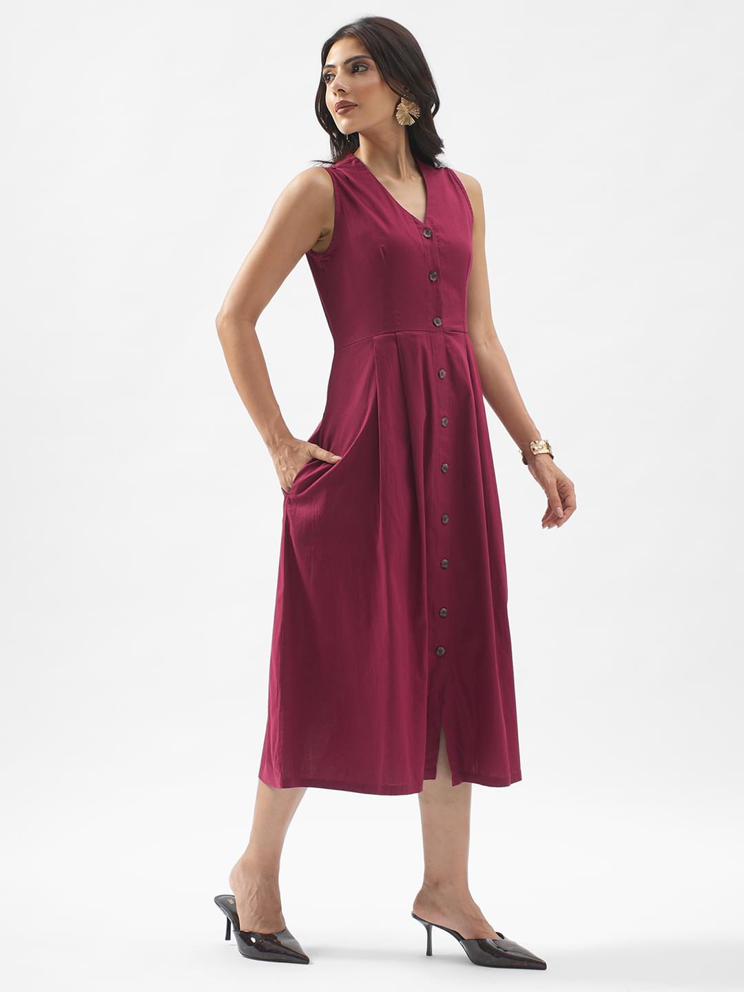 Rerasa Cotton Sleeveless Midi Dress