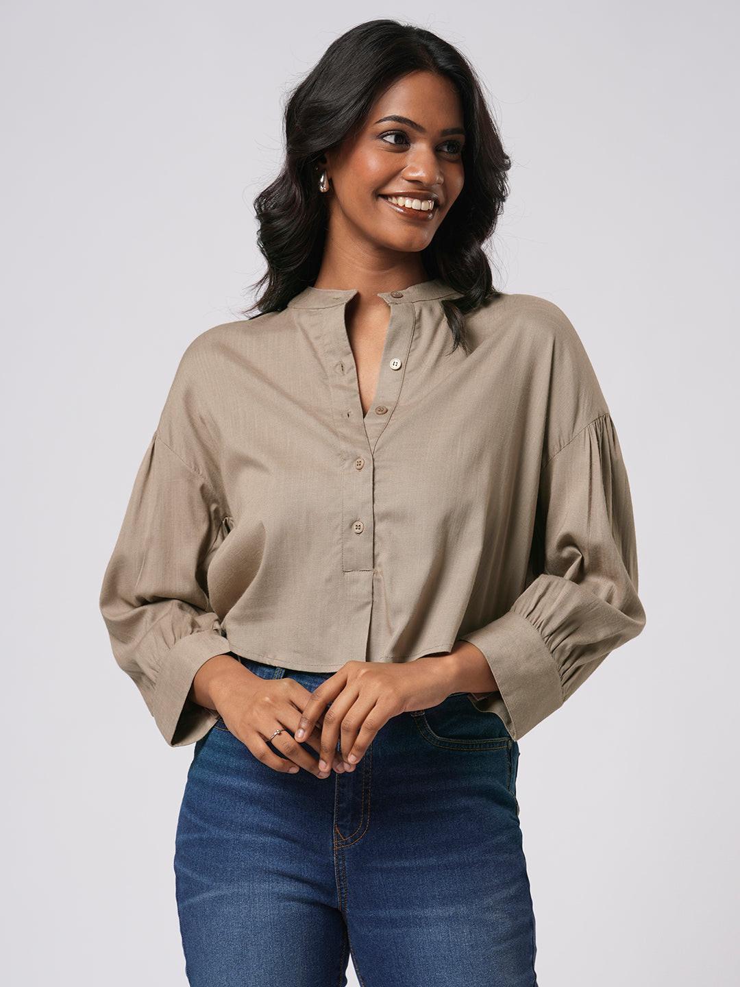 Cropped Band Collar Top.