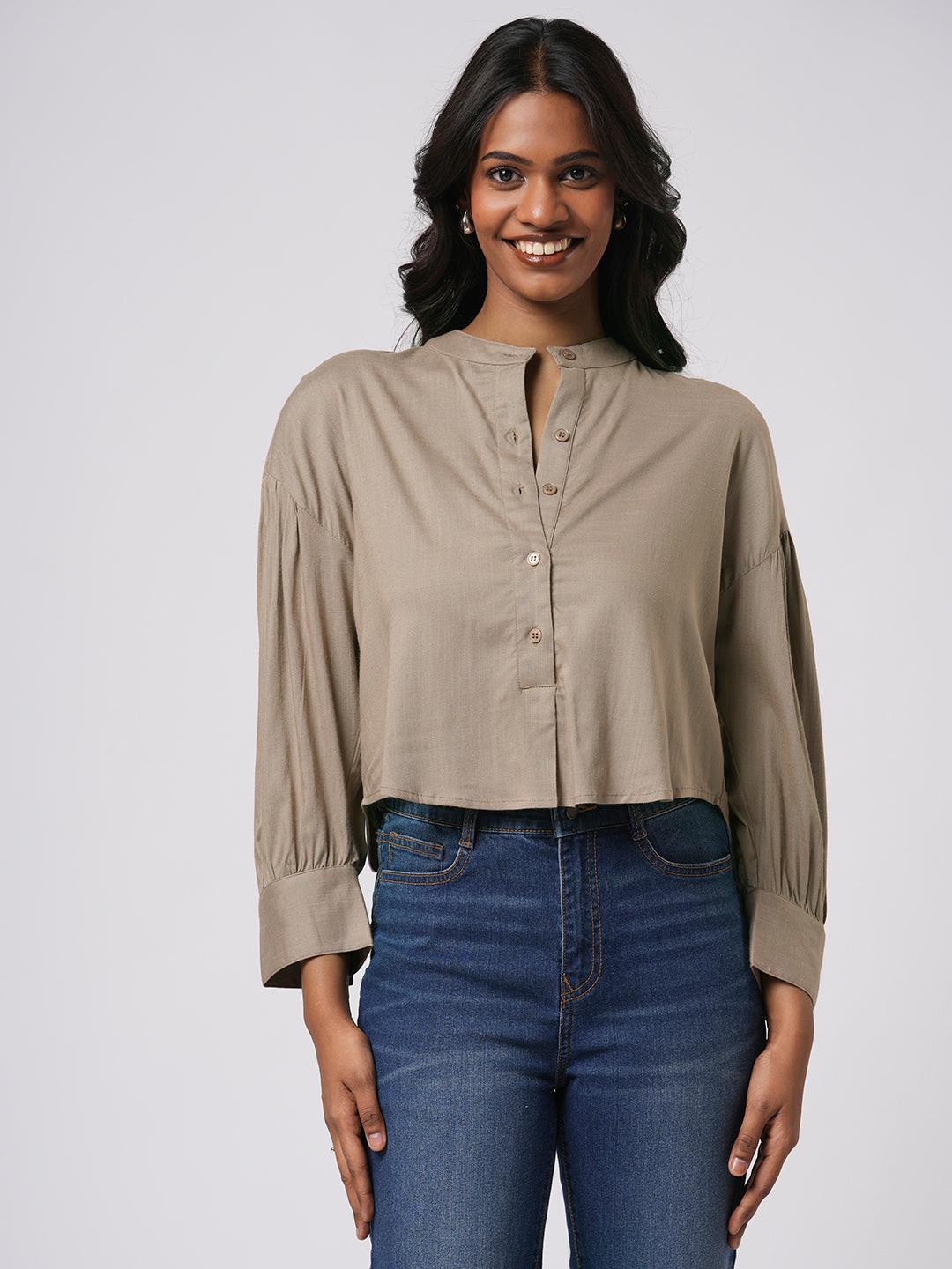 Cropped Band Collar Top.