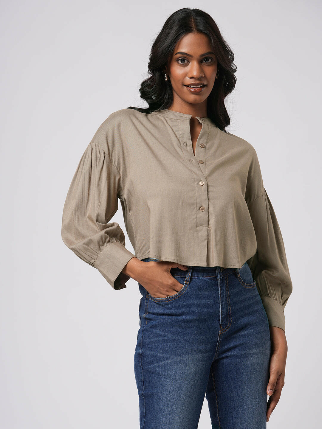 Cropped Band Collar Top.