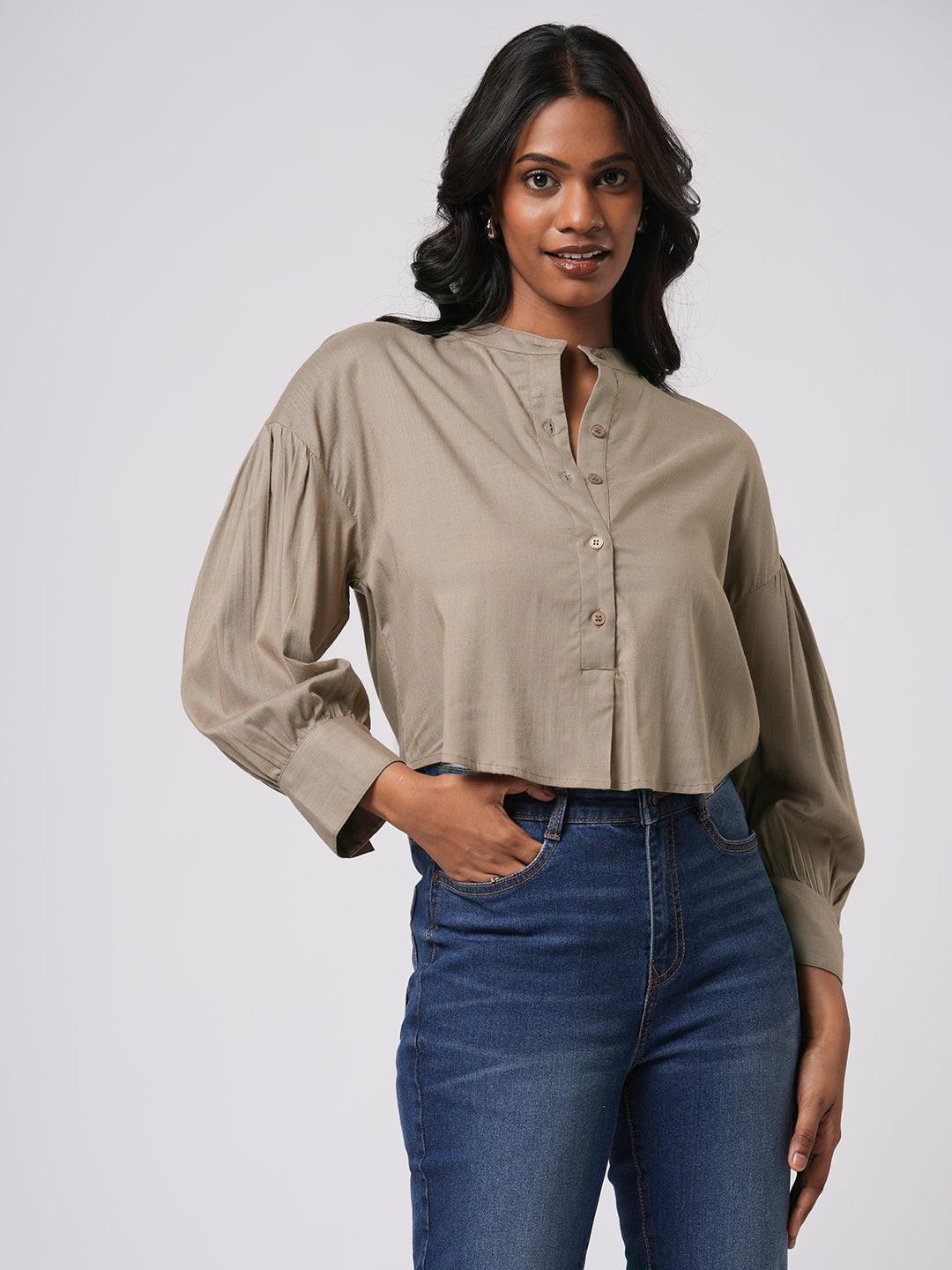 Cropped Band Collar Top.