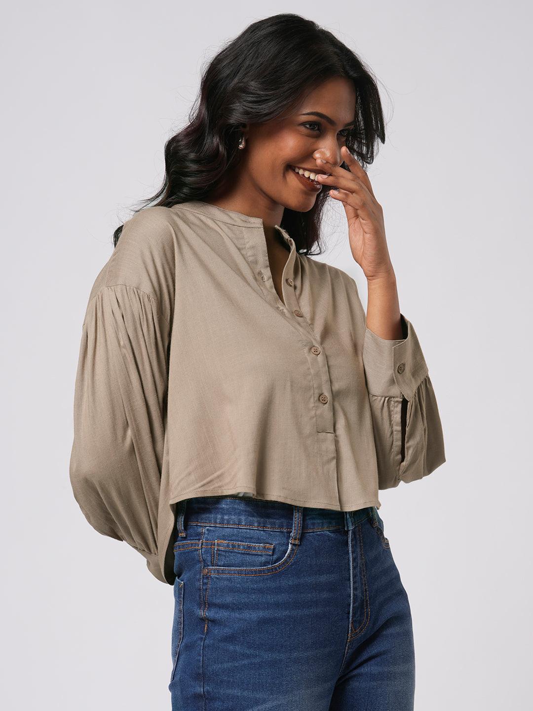 Cropped Band Collar Top.