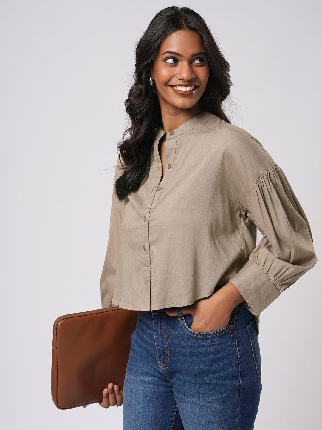 Cropped Band Collar Top.