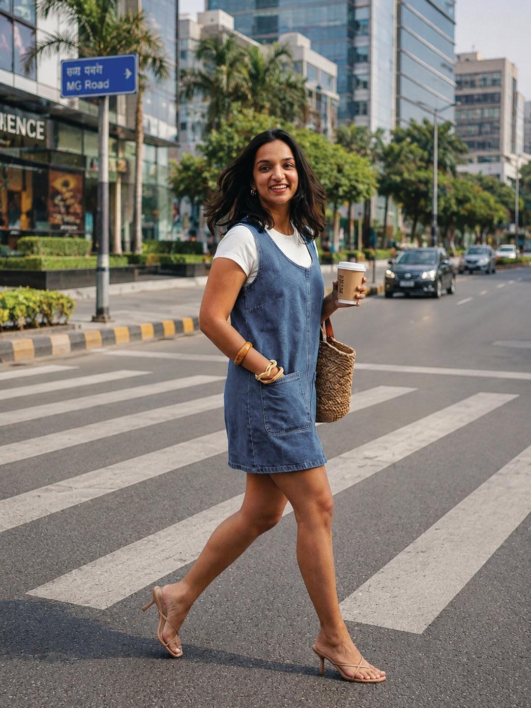 Blue denim dress worn by model