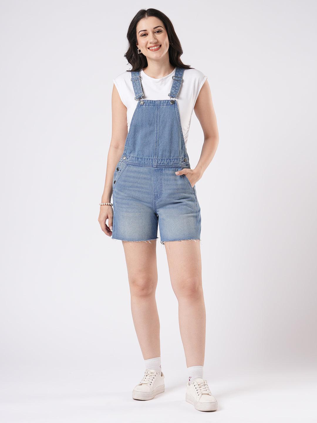 Woman wearing Denim Dungaree Shorts by Rerasa