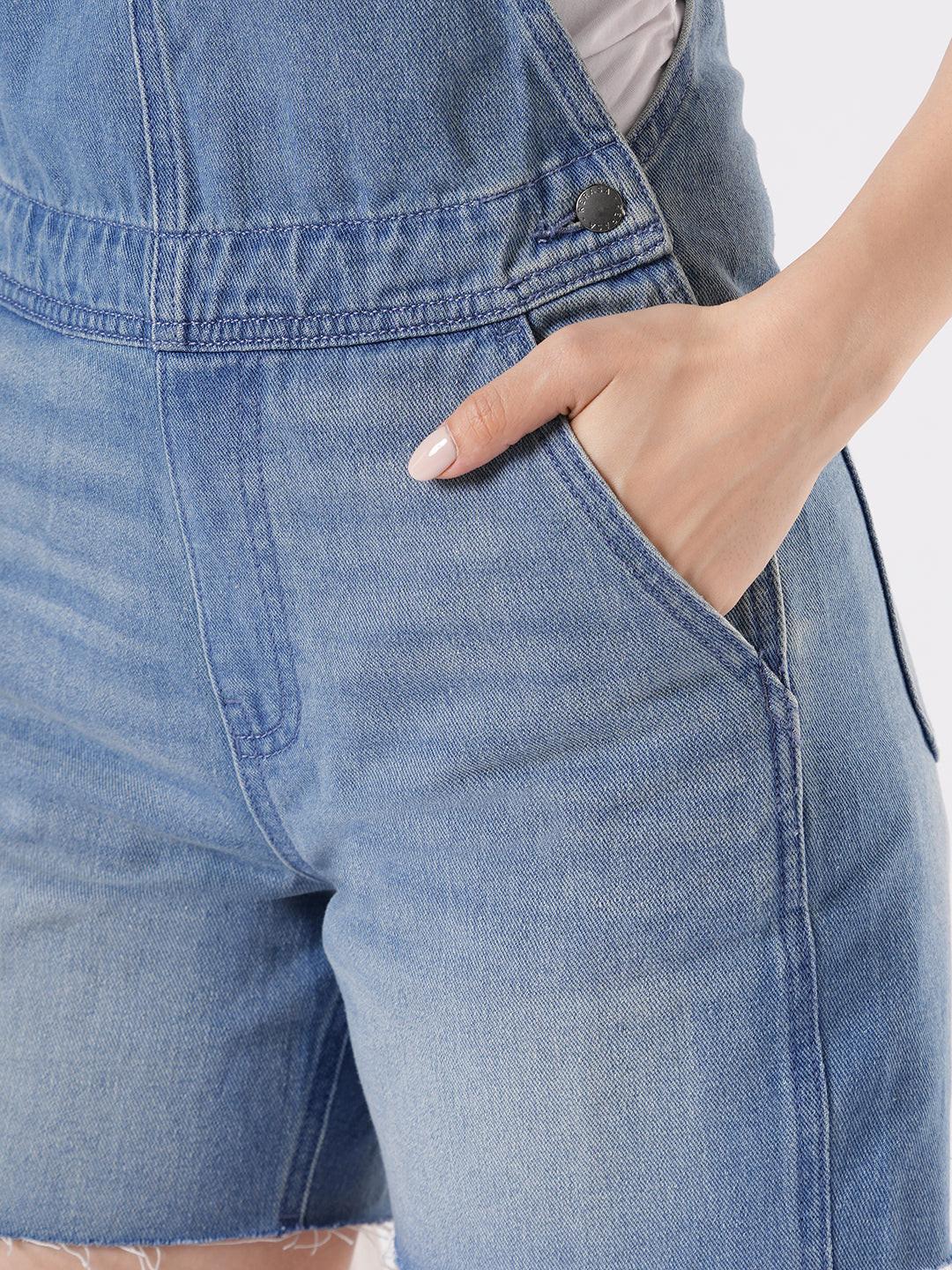Woman wearing Denim Dungaree Shorts by Rerasa