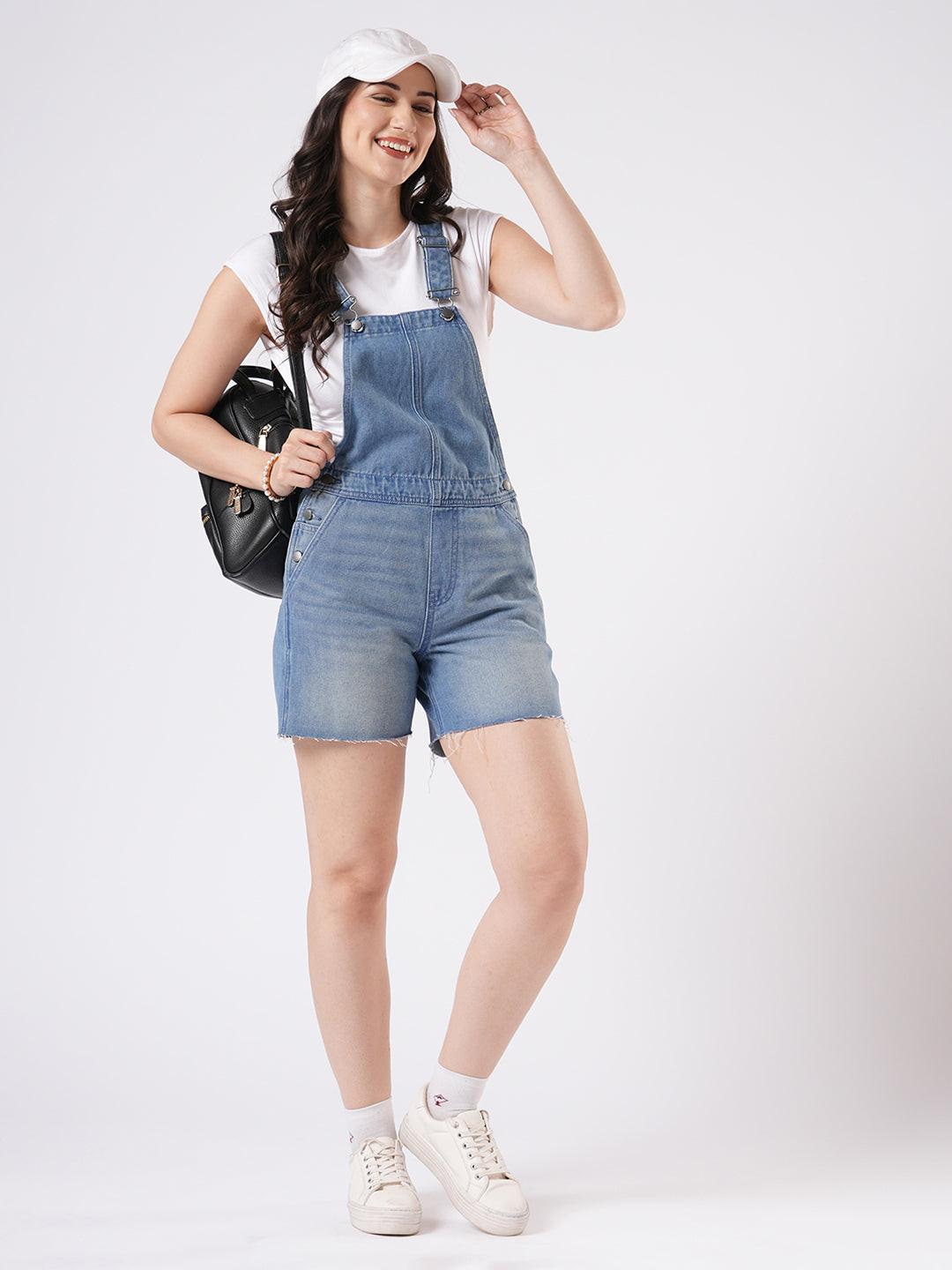 Woman wearing Denim Dungaree Shorts by Rerasa 