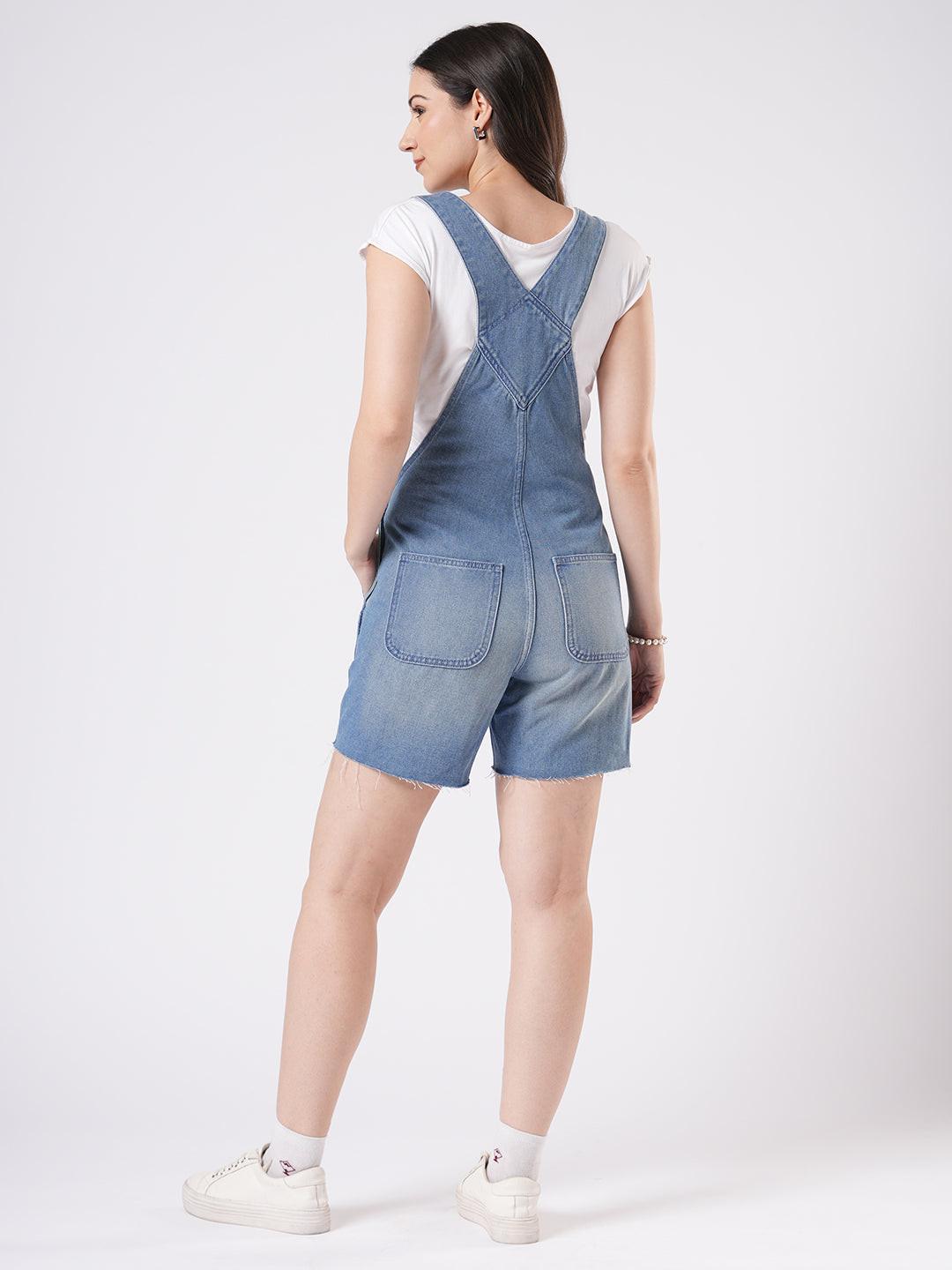 Woman wearing Denim Dungaree Shorts by Rerasa