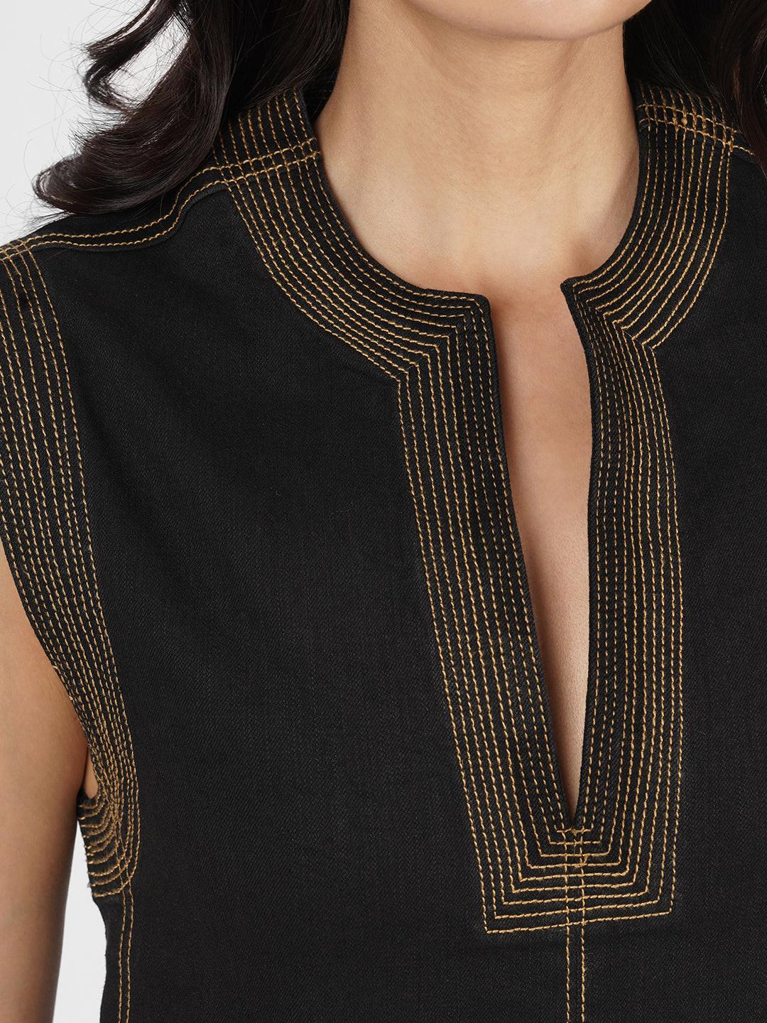 Black sleeveless dress with gold stitching 