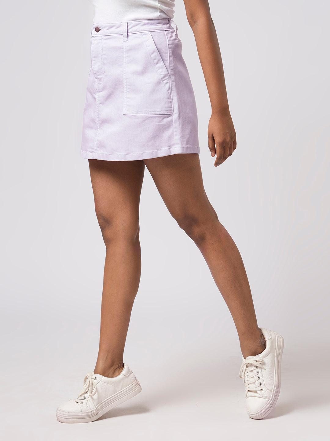 Person wearing a lavender denim skirt by Rerasa