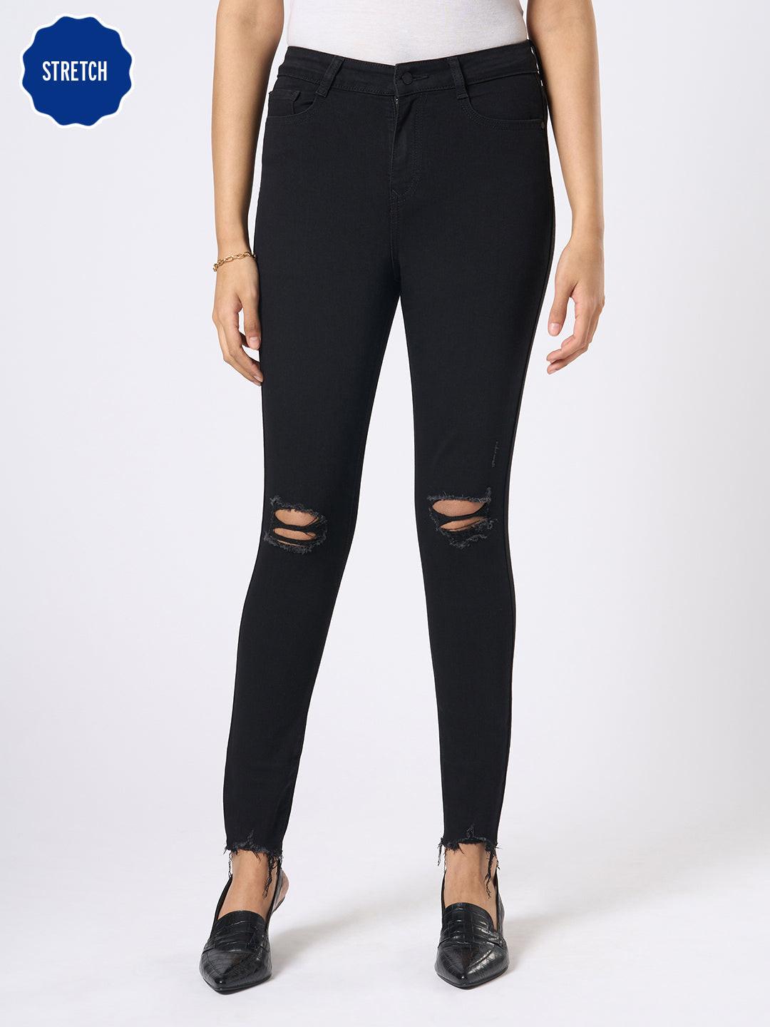 Rerasa Black distressed jeans worn by a person on a white background with 'STRETCH' label.