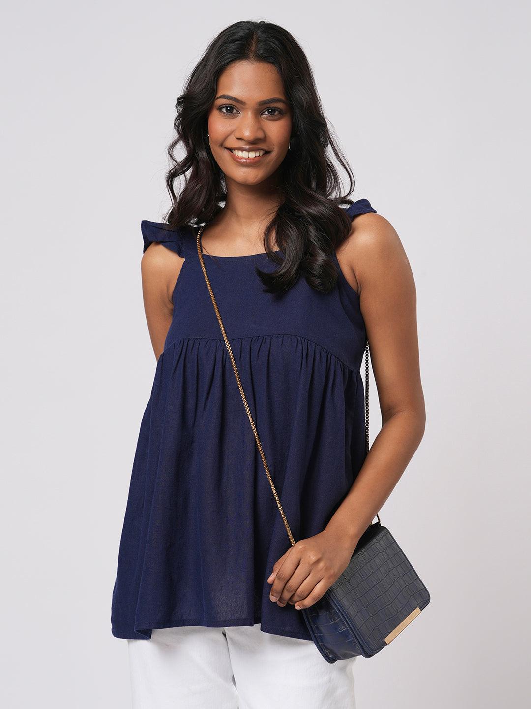 Linen Blend Flutter Sleeve Top.