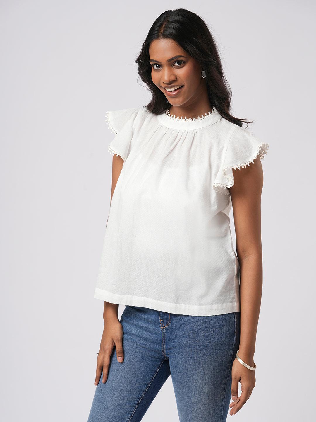 Lace Trimmed Flutter Sleeve Top.