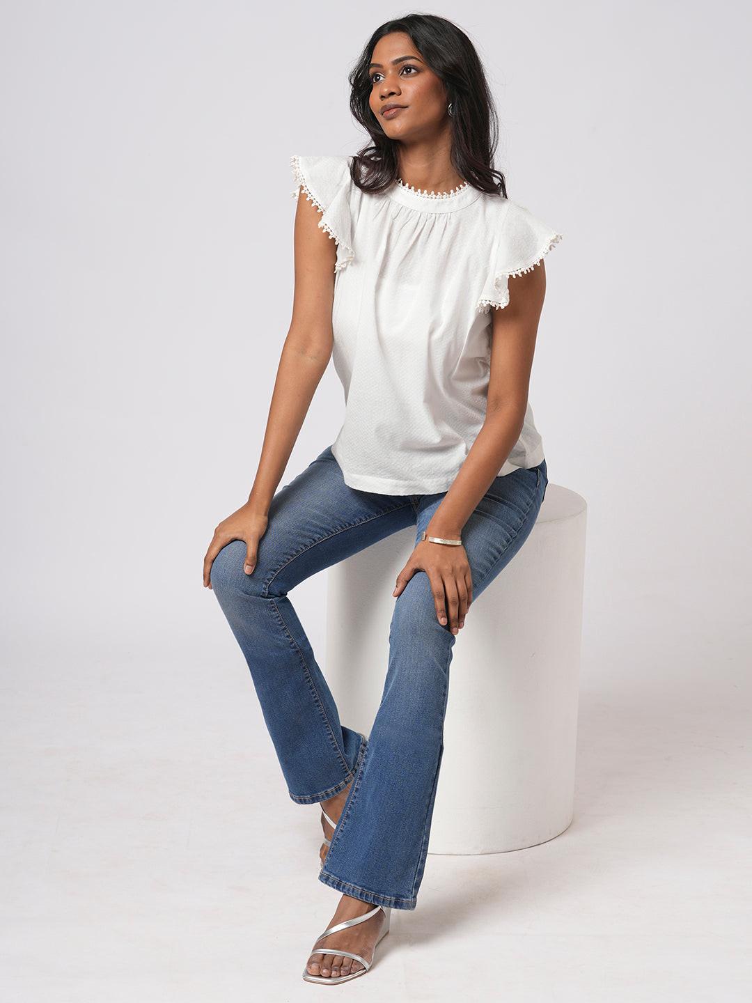 Lace Trimmed Flutter Sleeve Top.