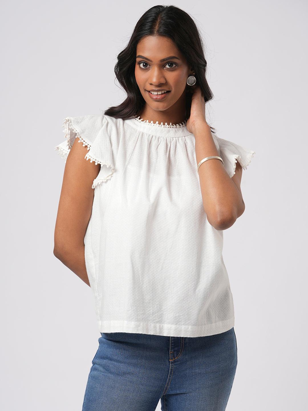 Lace Trimmed Flutter Sleeve Top.