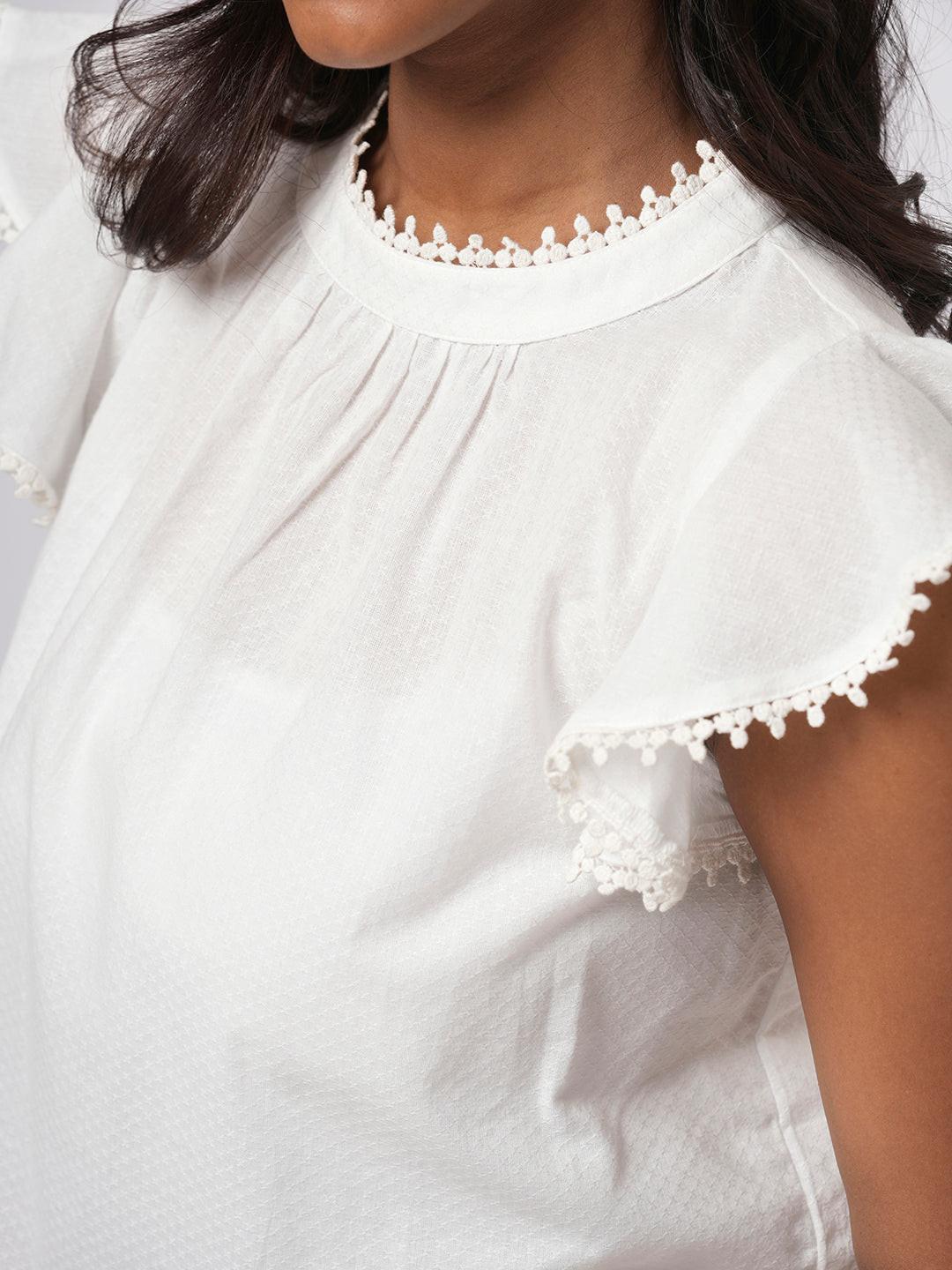 Lace Trimmed Flutter Sleeve Top.