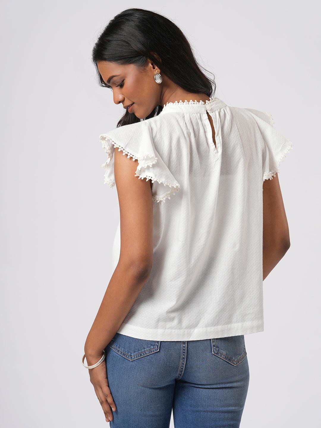 Lace Trimmed Flutter Sleeve Top.
