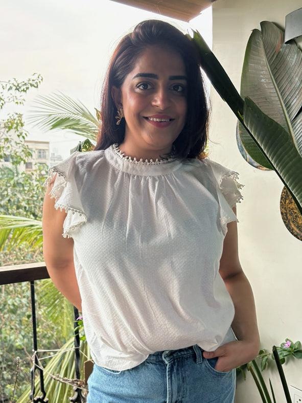 Lace Trimmed Flutter Sleeve Top