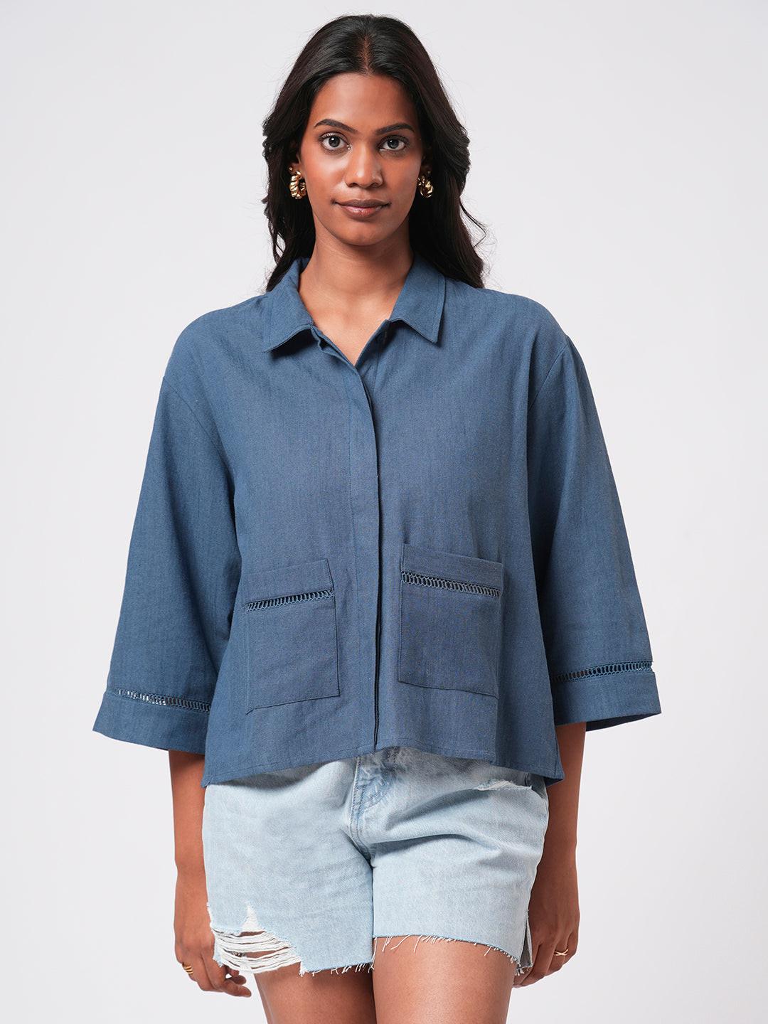 Lace Insert Linen Blend Shirt.