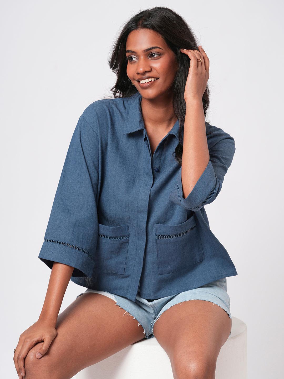 Lace Insert Linen Blend Shirt.