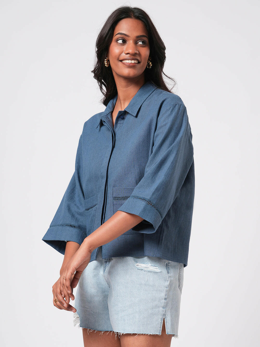 Lace Insert Linen Blend Shirt.