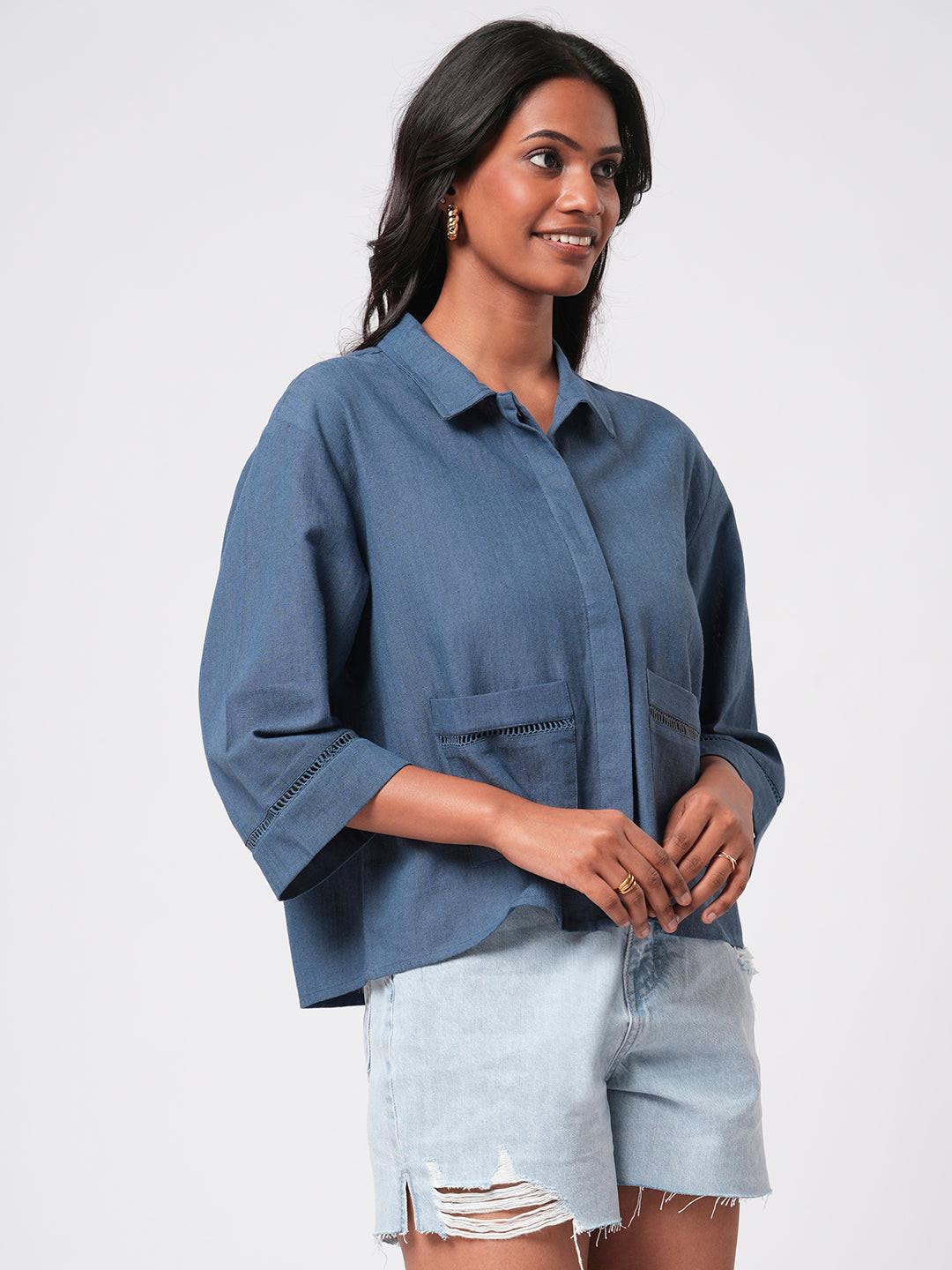 Lace Insert Linen Blend Shirt.