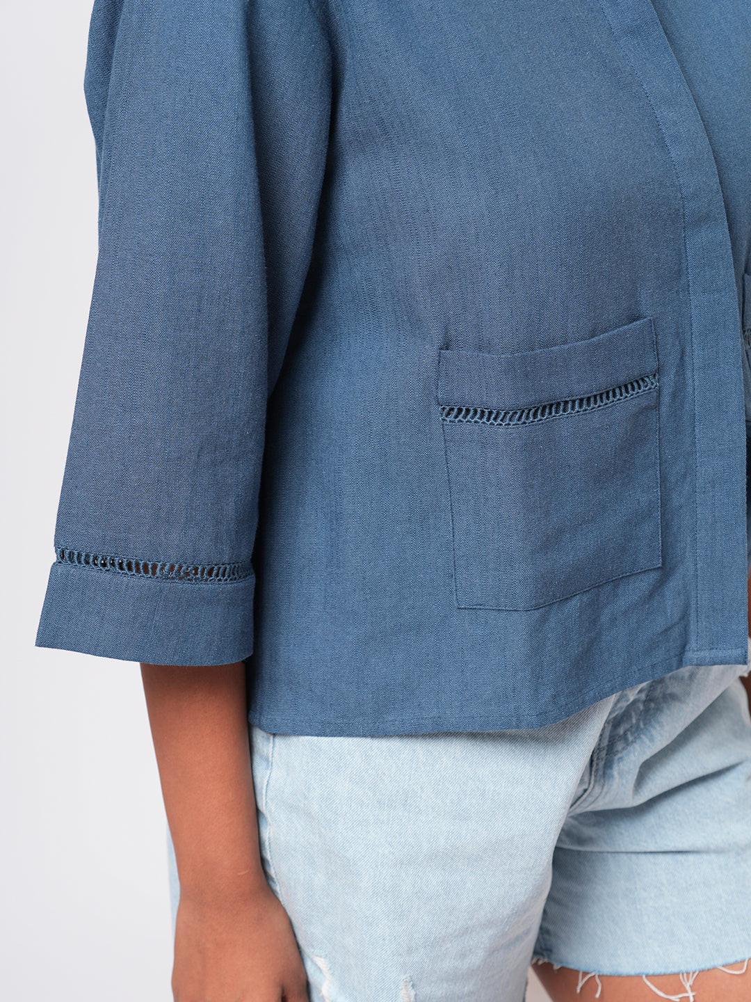 Lace Insert Linen Blend Shirt.