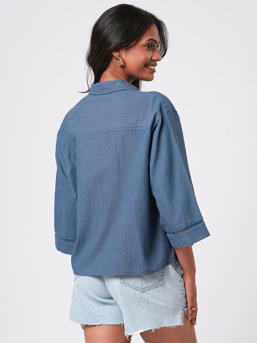 Lace Insert Linen Blend Shirt.