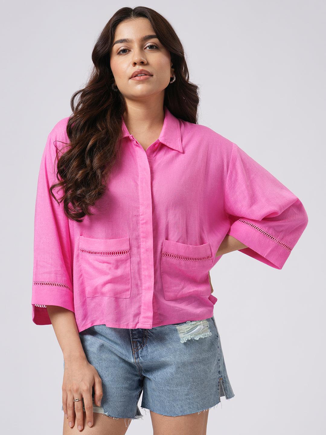 Lace Insert Linen Blend Shirt.