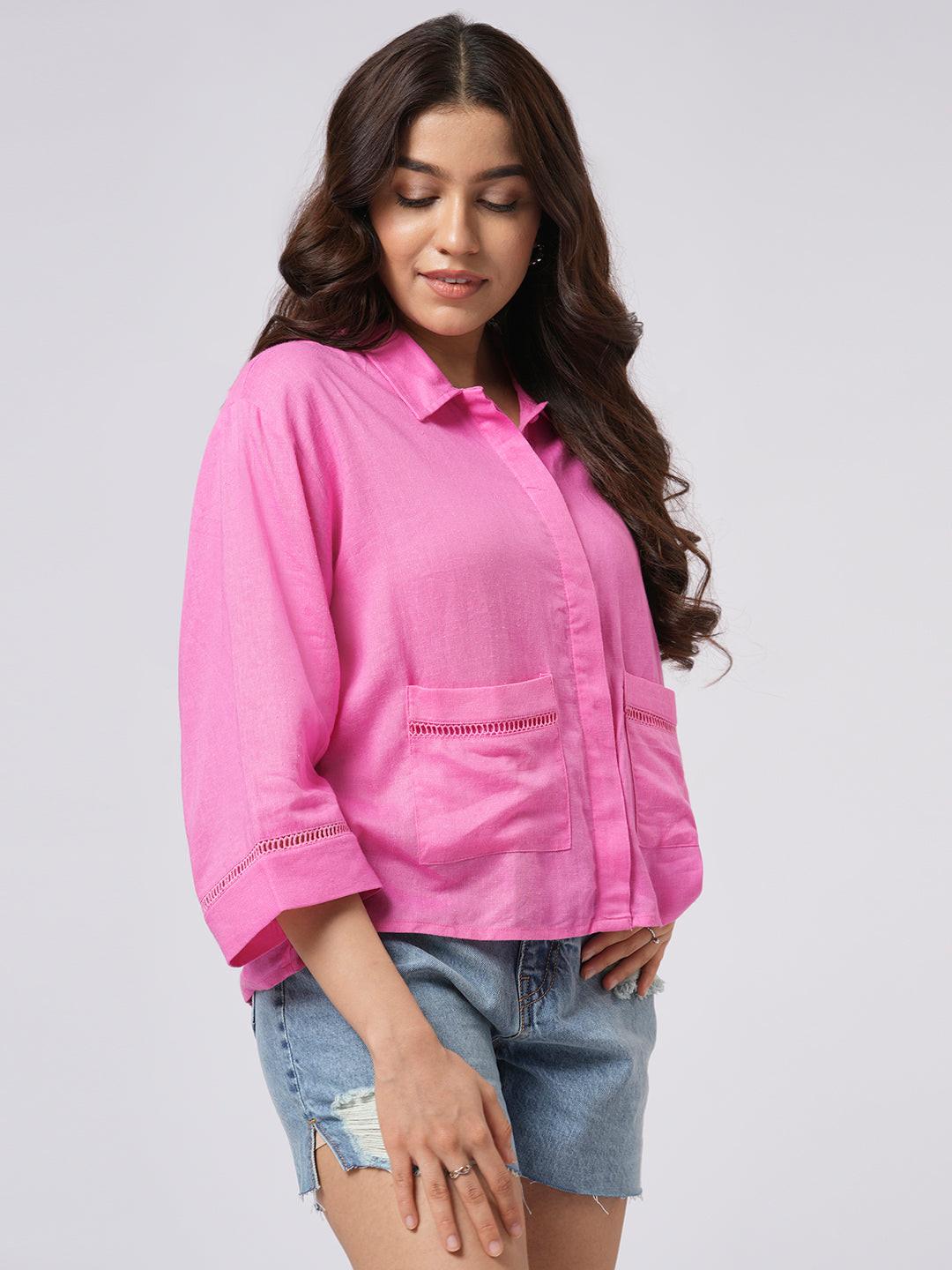 Lace Insert Linen Blend Shirt.