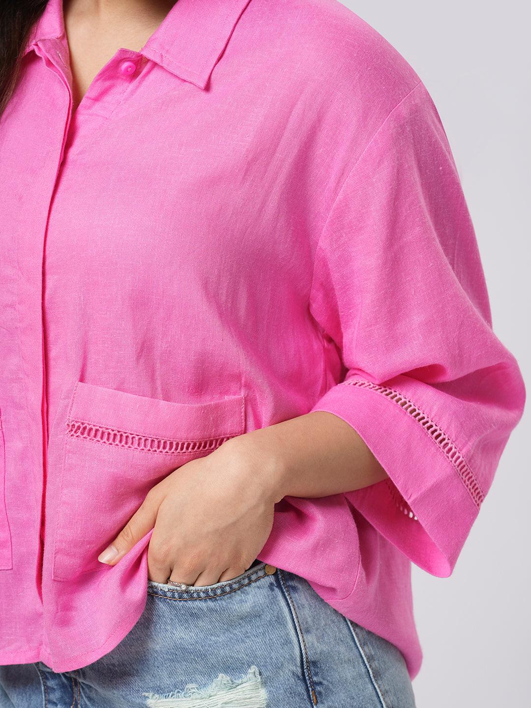 Lace Insert Linen Blend Shirt.