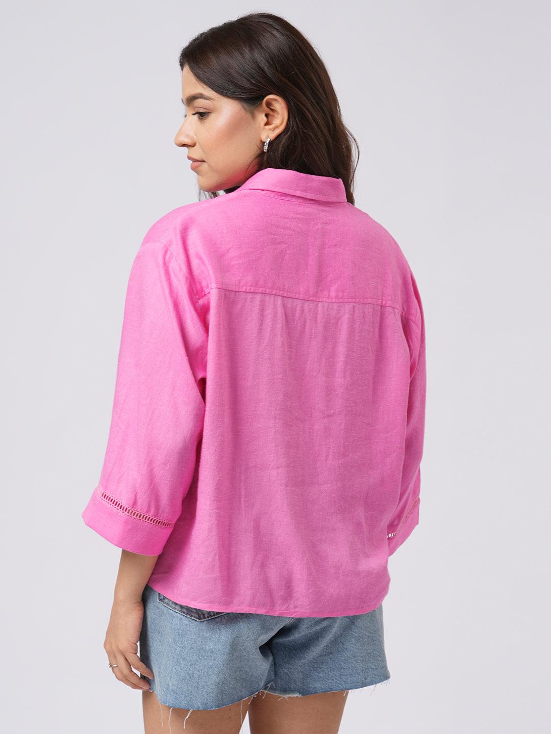 Lace Insert Linen Blend Shirt.