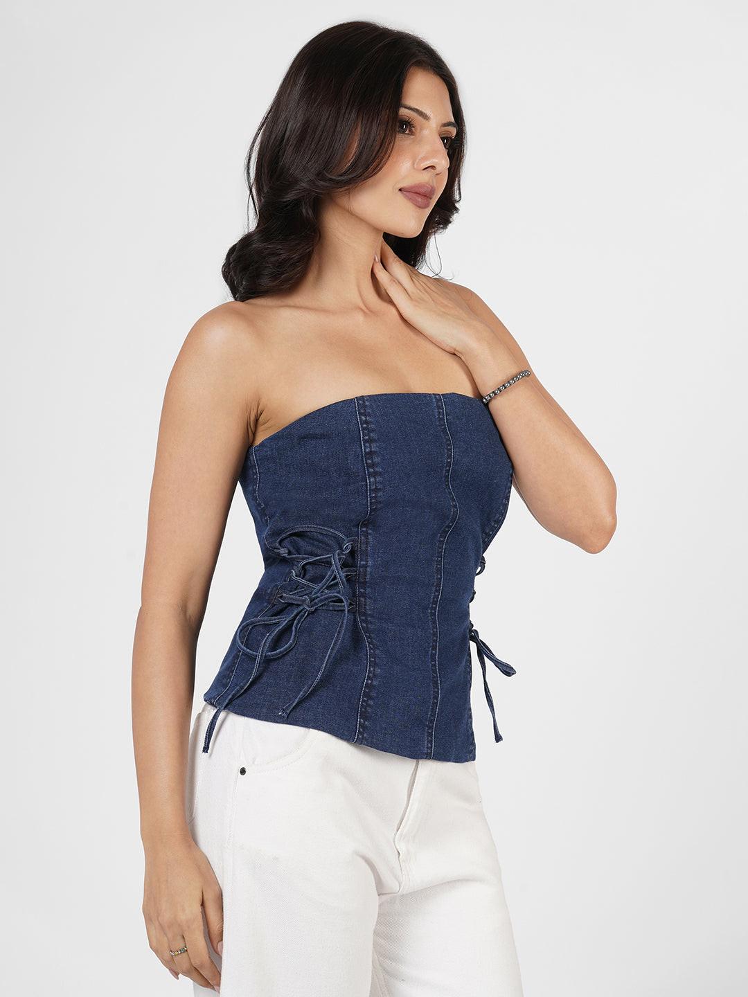 Woman in a blue strapless top by Rerasa