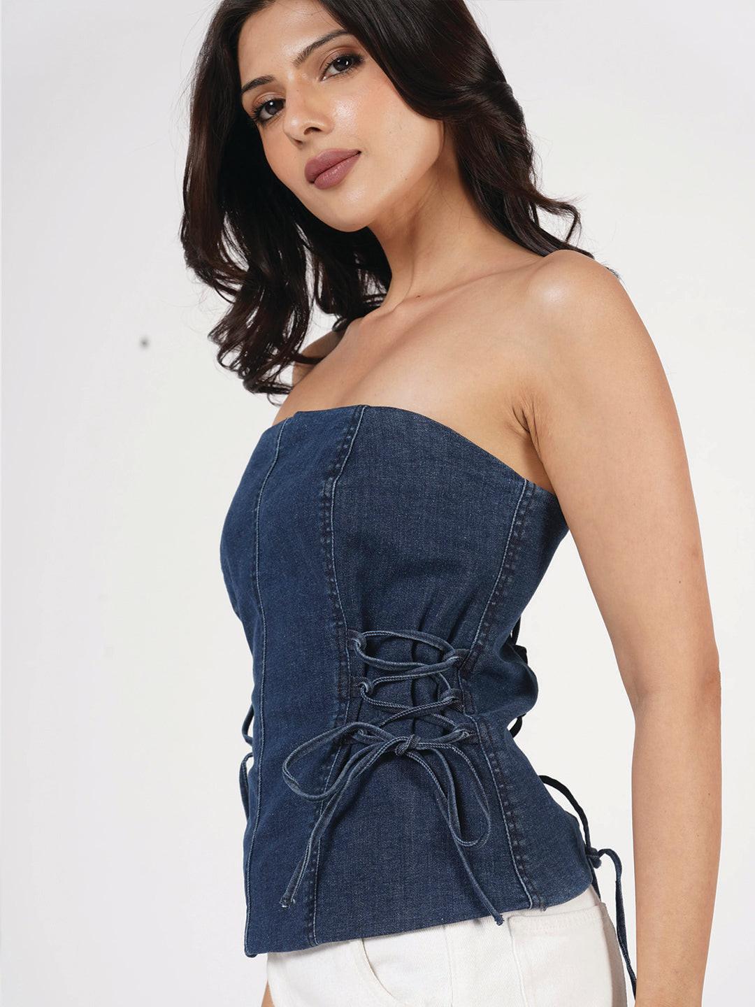Woman in a blue strapless top by Rerasa