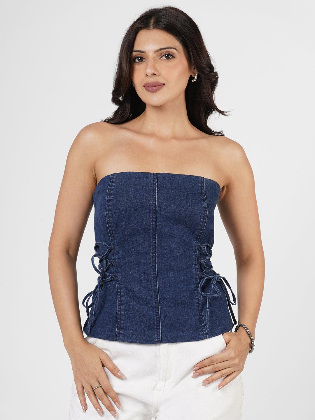 Woman in a blue strapless top by Rerasa